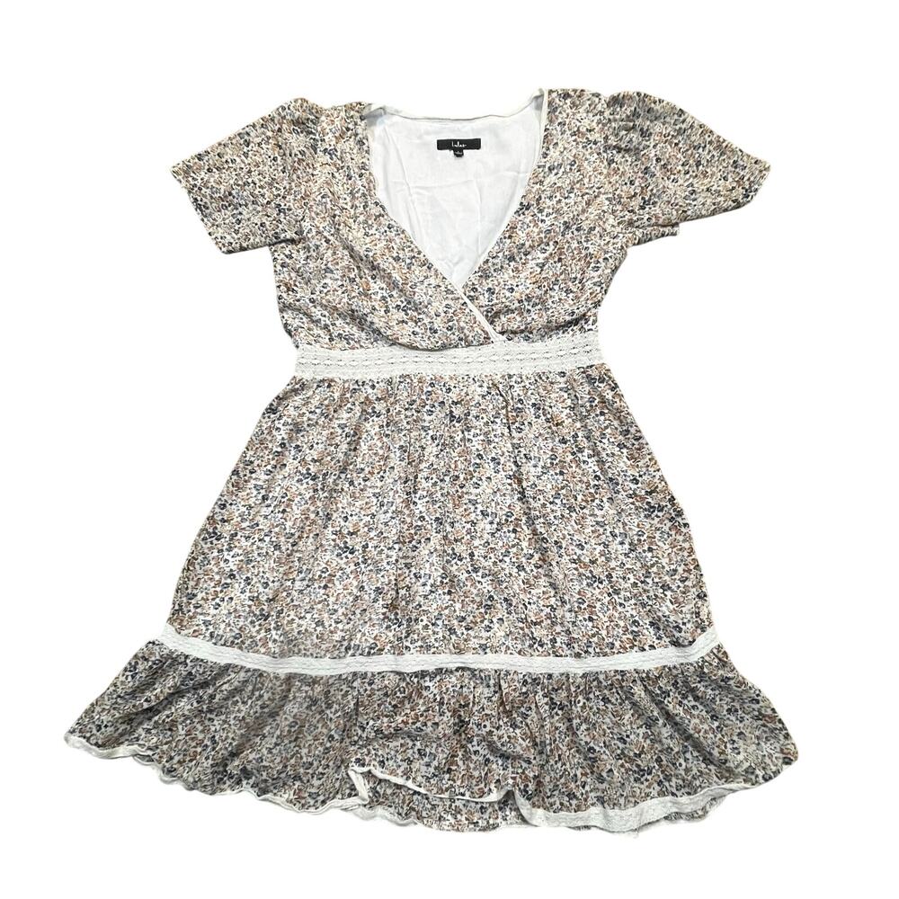 Lulus Floral Ruffle Hem Mini Dress Cottagecore Boho Short Sleeve‎ Women L